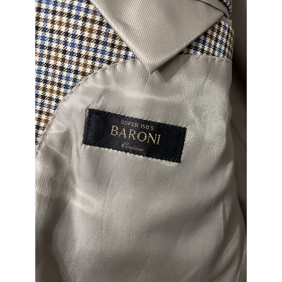 Baroni Mens 44L Wool Super 150 Blazer Hounds Tooth Tan Blue Classic Traditional - Picture 8 of 8